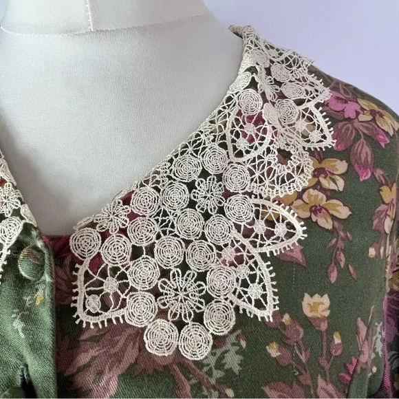 Laura Ashley Vintage Green Floral Long Sleeve Lace Collar Maxi Dress UK 10-12 - Picture 6 of 14
